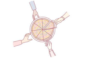 Close-up of people eating pizza together. Friends or colleagues share Italian fast food at work break in office. Vector illustration.