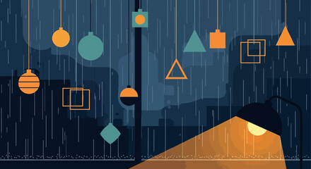 Rainy evening vector illustration with geometric shapes and city lights scene