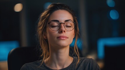 Portrait of a serene young woman with closed eyes, wearing glasses. She's bathed in soft, natural light, conveying a sense of calmness and inner peace, ideal for wellness and mindfulness.
