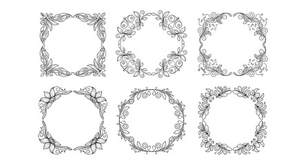 Fototapeta premium Elegant floral frames set with intricate line art designs for decorative borders