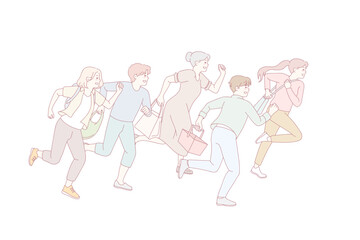People running go shopping on sales. Excited shopaholics rush hurry for discounts or promotion. Vector illustration.