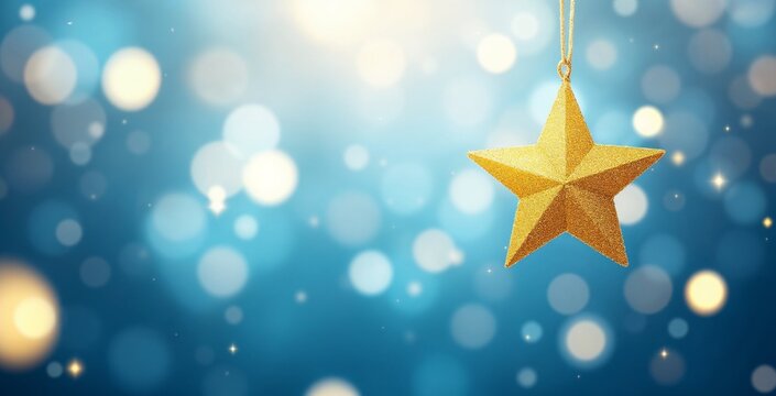 A hanging golden Christmas star ornament on a festive blue background with bokeh lights. Holiday celebration concept with copy space