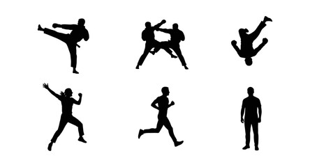 Dynamic martial arts silhouettes in various action poses for fitness and sports themes
