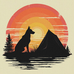 Camping Adventure with Loyal Dog Silhouette at Sunset in the Wilderness