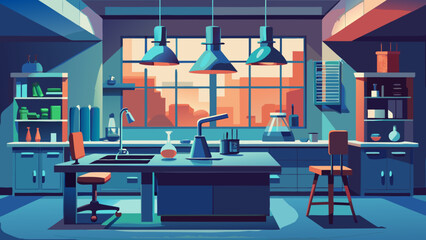 Modern laboratory interior with stylized equipment, a vibrant space ready for innovation, science and research, perfect for educational visuals