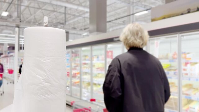 Young man shopping in supermarket, reading product information