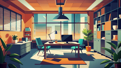 Modern office space with desk and chairs, perfect for showcasing productivity and collaboration in a bright, sunny environment originally a scalable graphic