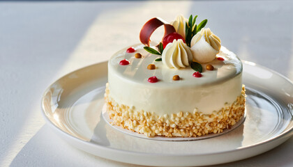 Elegant Mini Cake with White Frosting and Decorative Toppings on a Plate.