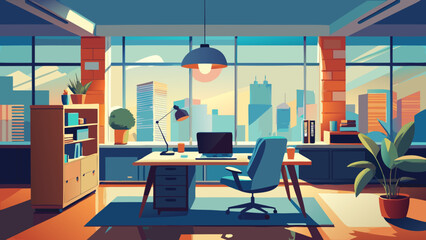 Modern office interior design with city view offers bright workspace with desk, chair, laptop, and plants, inspiring creativity and professional success