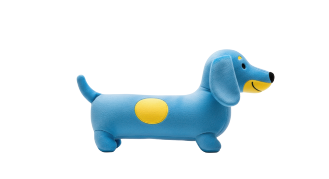 Cute, photorealistic plush blue dachshund toy with a yellow spot and stitched smile, viewed side-profile on a transparent background with copy space. Concept of childhood comfort and imagination