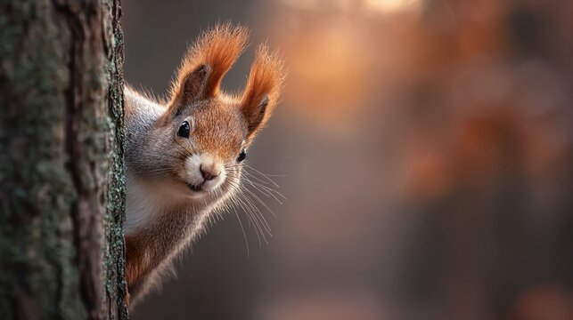 A red squirrel peeks out from behind a tree, curious eyes alert. Furry ears perk up, whiskers twitch, nature's charming creature in its element, a glimpse of wildlife.