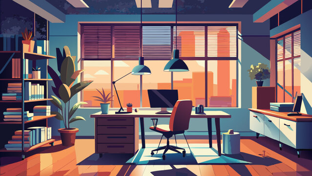 Inviting home office setup bathed in golden sunlight, desk with computer and chair, bookshelves and plants creating a productive, calming work environment