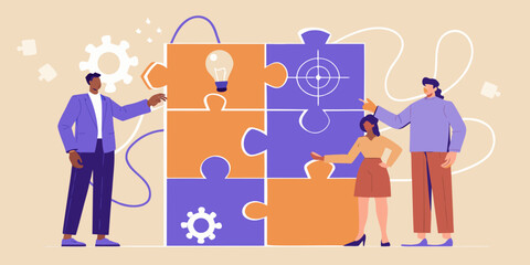Teamwork and collaboration diverse team assembling puzzle pieces for business strategy success