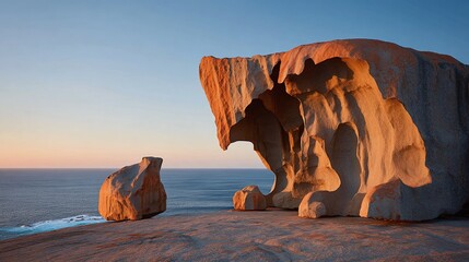 Remarkable Rocks is a formation of naturally sculpted granite boulders perched on a cliff in a coastal landscape, the stone taking on a golden hue in the warm light.