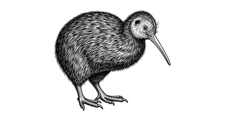 Detailed black and white kiwi bird drawing with intricate line art style