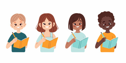 Diverse group of children studying with books and pencils illustration