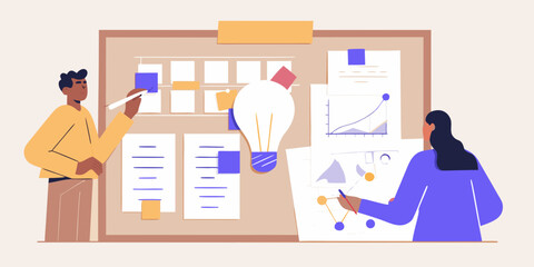 Diverse team brainstorming and planning with charts and ideas on a board