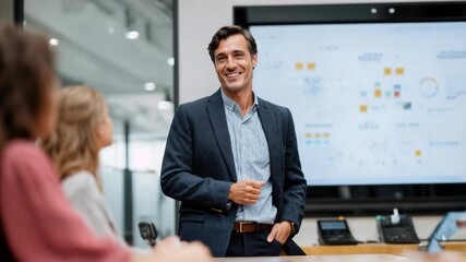 Confident presenter speaks to colleagues in bright office light illustrating modern communication teamwork and contemporary workplace education - Powered by Adobe