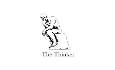 Vector line art illustration of The Thinker classic sculpture statue in minimalist black and white style suitable for art design education creativity philosophy and artistic concept projects