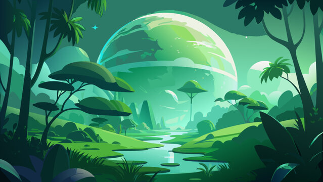 Enchanting alien landscape with lush greenery and a mesmerizing planetary vista, perfect for sci-fi concepts, fantasy art, and innovative design projects