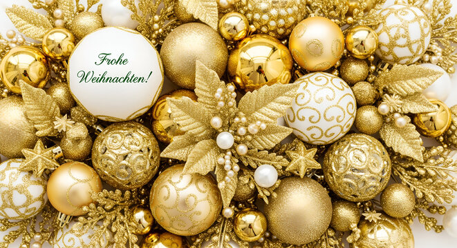 Festive Gold Christmas Decorations with German Greeting - Powered by Adobe