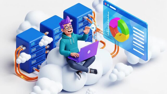 3d isometric illustration of a developer sitting on a cloud working on a laptop near server rack and data chart isolated on white background