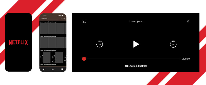 Netflix home and player UI mockup template. Netflix video streaming interface with movie thumbnails and playback controls. Netflix user profile, watchlist, and recommendation layout. 