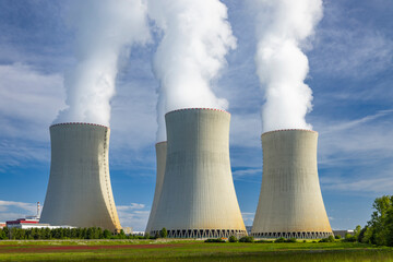 Temelin nuclear power plant cooling towers emitting steam