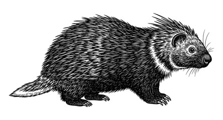 Detailed black and white porcupine sketch in vintage style