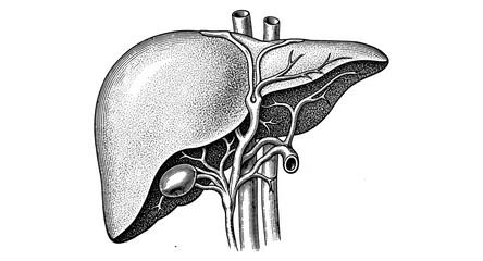 Detailed engraving of human liver anatomy with blood vessels highlighted in vintage style