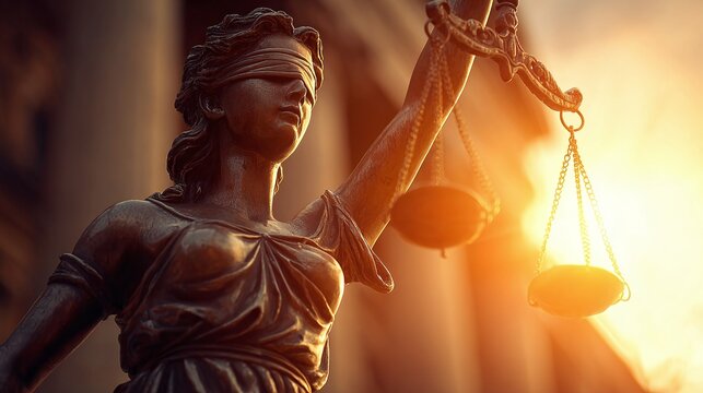 The Lady Justice statue symbolizes the principle of equality before the law. Her blindfold represents impartiality, while the scales represent the weighing of evidence.