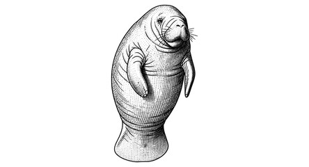 Detailed line art of a manatee in vintage engraving style