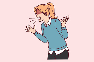 Aggressive girl yells and expresses negative emotions. Concept of PMS, hysteria or nervous breakdown where stressed female character loses temper.