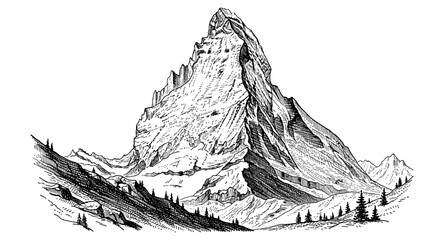 Detailed pen and ink mountain landscape with majestic peak and pines
