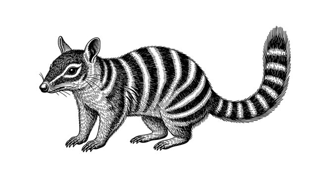 Detailed engraving of a numbat with striped tail in monochrome style