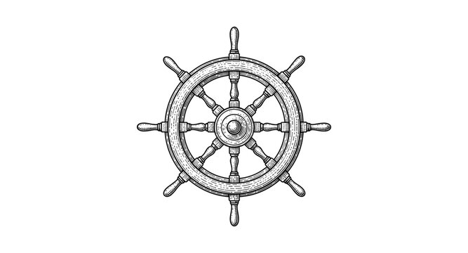 Vintage nautical ship wheel design in detailed black and white engraving style