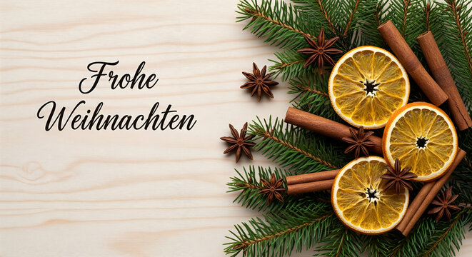 Frohe Weihnachten Festive Christmas Decoration with Dried Orange and Cinnamon