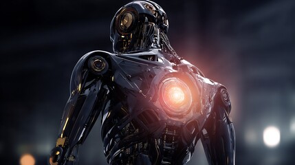 Advanced bionic robot carbon fiber skeleton glowing processor core dark sci fi backdrop