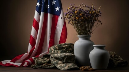 Patriotic tribute with American flag, military hats, and flowers in vases
