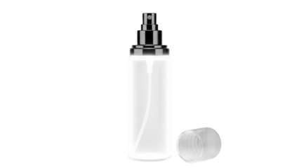 Sleek glass spray bottle with subtle glow white background