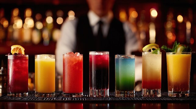 A vibrant assortment of mixed drinks lined up on a bar, ready to be served, with a blurred figure of a bartender in the background. A colorful cocktail menu!