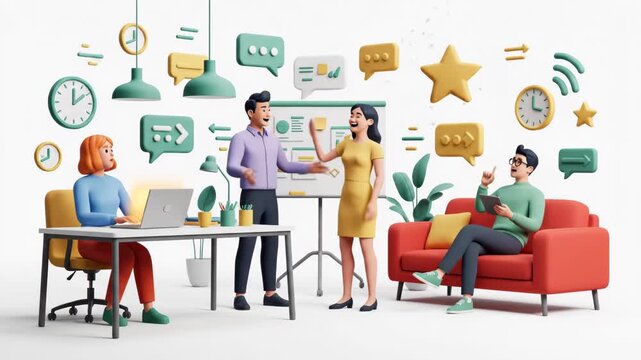 3d cartoon team meeting with diverse people collaborating around a whiteboard with chat bubbles and clocks isolated on white background - Powered by Adobe