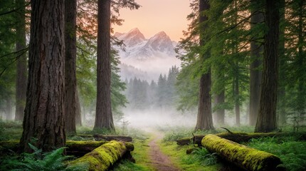 serene forest landscape with majestic mountains and misty atmosphere, capturing the beauty of nature and tranquility - AI Generated Digital Art