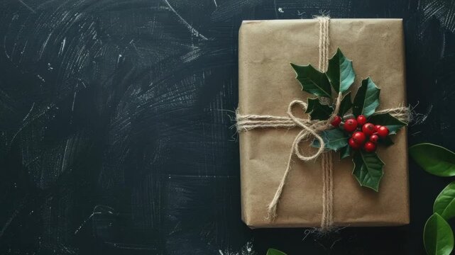 Video A Christmas gift wrapped in brown paper and twine, perfect for holiday season decorations or promotional use