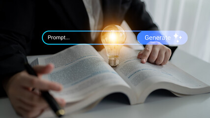 A professional individual explores innovative concepts by using a digital device over an open book, symbolizing creative processes and knowledge acquisition in a modern setting. Gantry