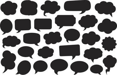 Black speech bubbles collection, comic dialogue shapes, blank talk clouds, chat message icons, vector illustration, communication symbols, text box design, dialog balloon set