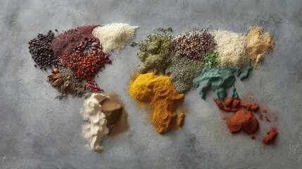A vibrant world map crafted from spices and grains. A visual celebration of global cuisine, highlighting the diverse flavors that define each region. Culinary world!