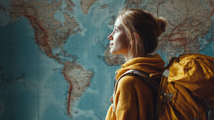 Female explorer gazes at a world map, contemplating her next adventure. Ready for travel and discovery with her backpack. The spirit of wanderlust and dreams.
