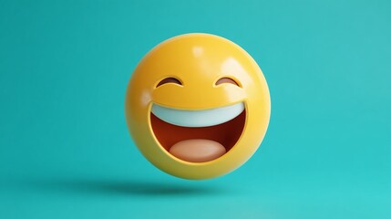 Fototapeta premium This yellow emoji with a huge grin on a light blue background conveys positive feelings and emotional responses with its bright, cheerful expression. Fun and happiness!