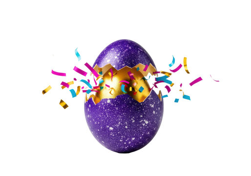 meticulously detailed purple easter egg speckled with silver, bursting open symmetrically to show metallic gold inside, vibrant confetti frozen mid-air on white, sophisticated celebration concept